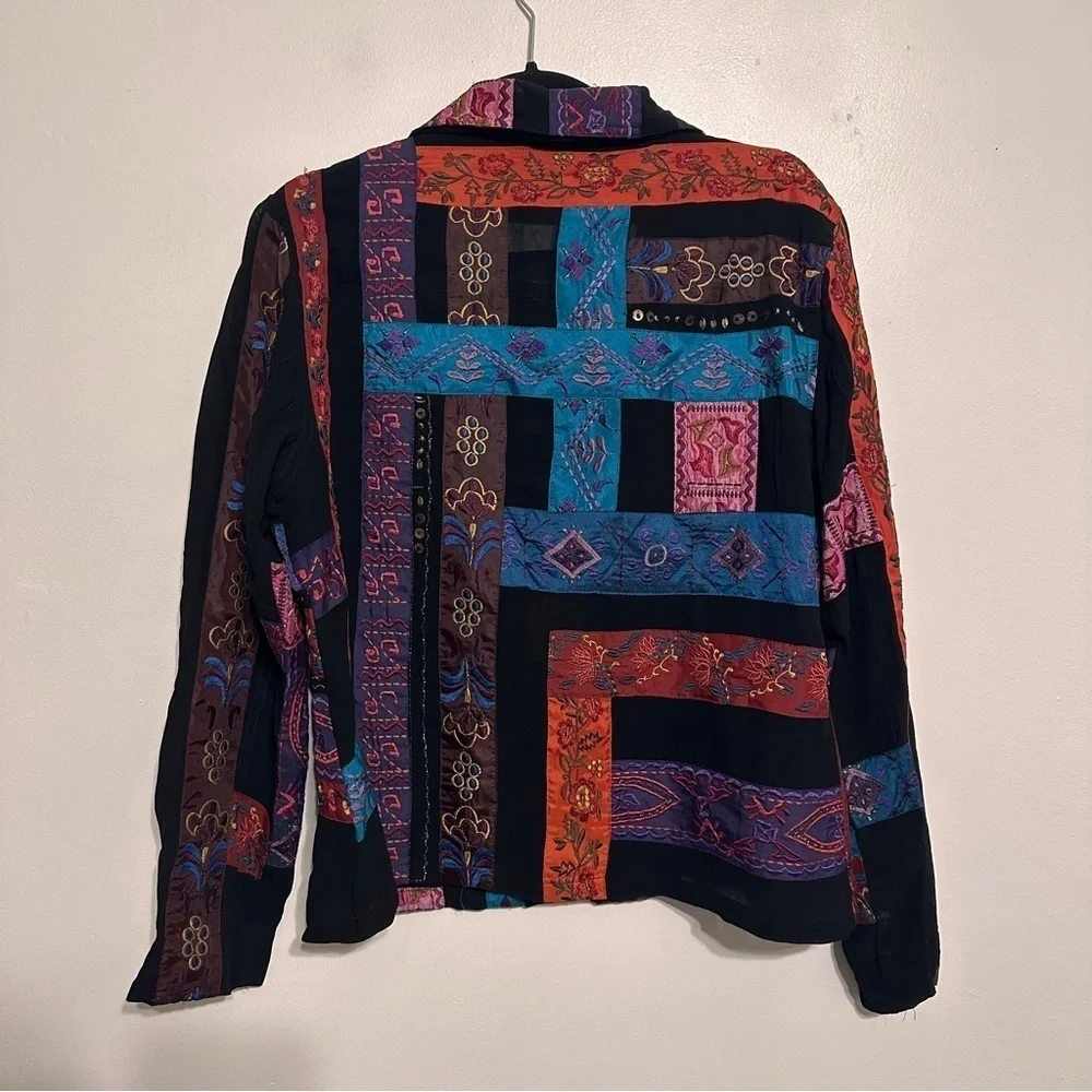 Chicos Boho Patchwork Appliqué Colorful Rayon Button Down Jacket Top Medium
